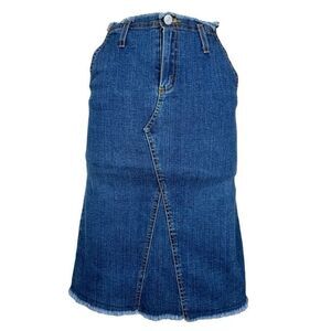 Vintage 90s The Original Low Rise A Line Denim Skirt Size 0 Raw Hem Blue Cotton